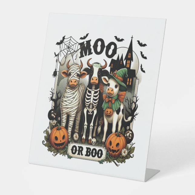 Moo or Boo Halloween Cow Pedestal Sign (Front)