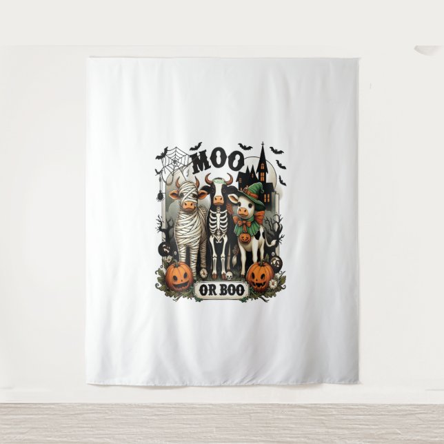 Moo or Boo Halloween Cow Tapestry (Front)