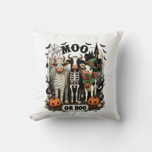 Moo or Boo Halloween Cow Throw Pillow