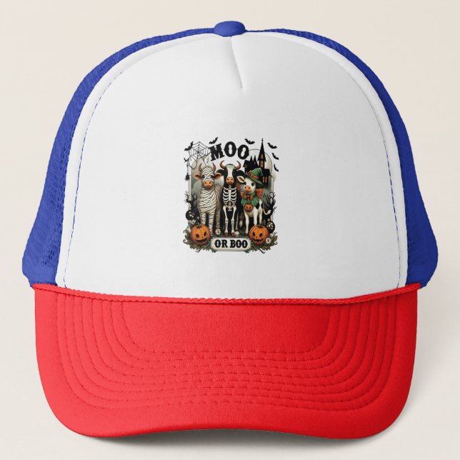 Moo or Boo Halloween Cow Trucker Hat (Front)
