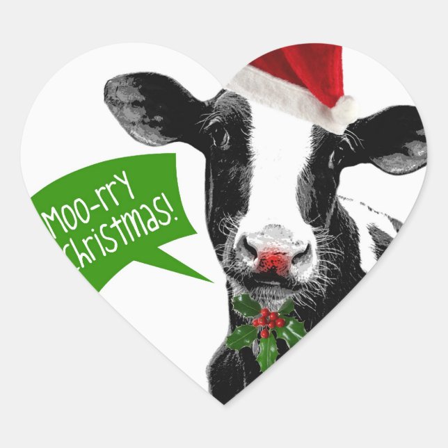 Moo rry Christmas! Funny Holiday Cow in Santa Hat Heart Sticker (Front)