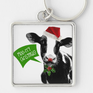 Moo rry Christmas! Funny Holiday Cow in Santa Hat Keychain