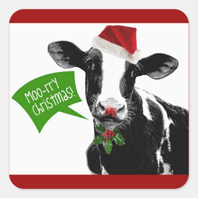 Moo rry Christmas! Funny Holiday Cow in Santa Hat Square Sticker (Front)