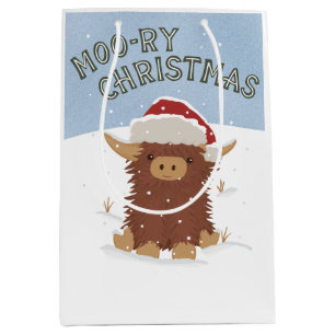 Moo-ry Christmas cute shaggy Highland cow Santa Medium Gift Bag