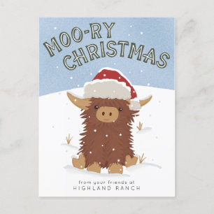 Moo-ry Christmas cute shaggy Highland cow Santa Postcard