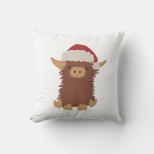 Moo-ry Christmas cute shaggy Highland cow Santa Throw Pillow