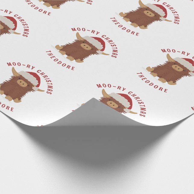 Moo-ry Christmas cute shaggy Highland cow Santa Wrapping Paper (Corner)