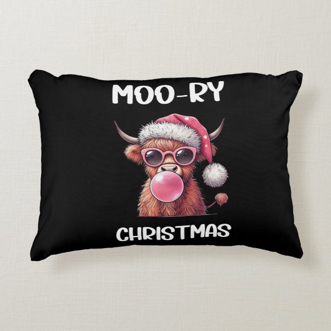 Moo-ry Christmas Scottish Higland Cow Accent Pillow (Front)