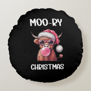 Moo-ry Christmas Scottish Higland Cow Round Pillow