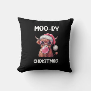 Moo-ry Christmas Scottish Higland Cow Throw Pillow