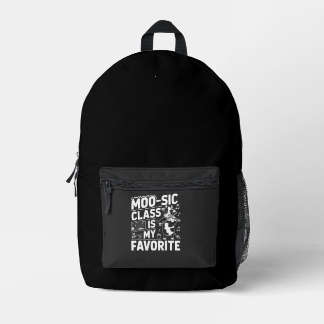 Moo-sic Class is my Favourite Funny Moo Cow School Printed Backpack (Front)