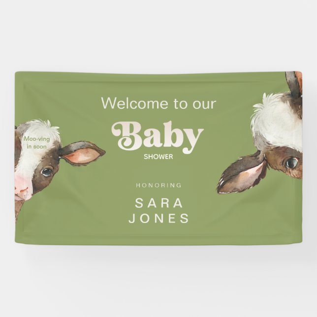 Moo-ving In Soon Moss Green Baby Shower Banner (Horizontal)