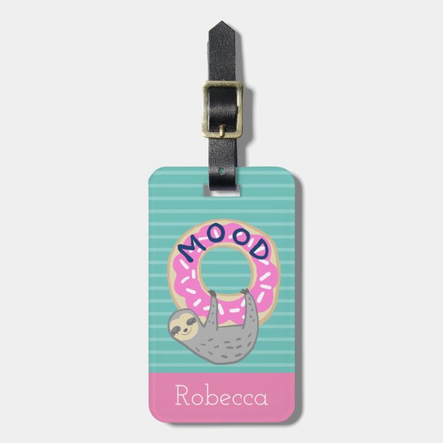 Mood Cute Sloth & Pink Sprinkled Doughnut Luggage Tag (Front Vertical)