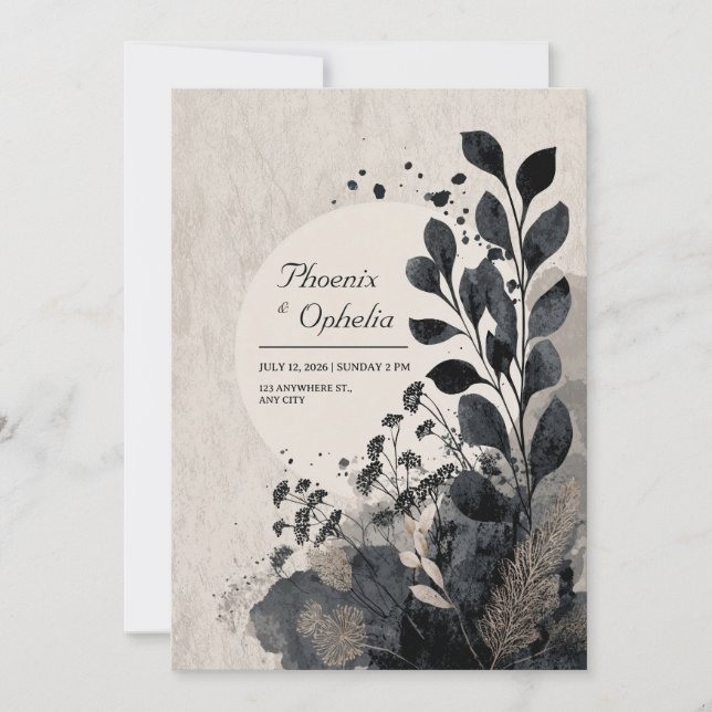 Moody Abstract Black Foliage Circle Frame Wedding Invitation (Front)