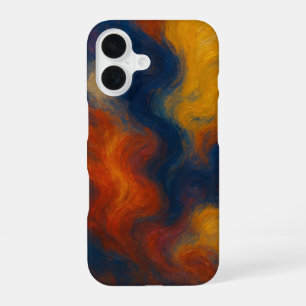 Moody Abstract Midnight and Amber Oil Paint Swirl iPhone 16 Case