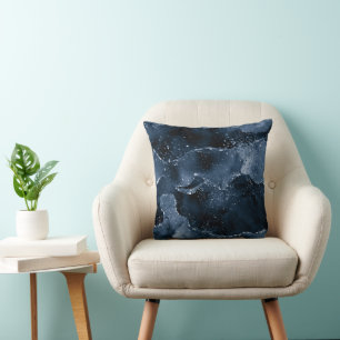 Moody Agate   Navy Denim Steel Blue Faux Glitter Throw Pillow