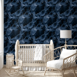 Moody Agate Navy Denim Steel Blue Faux Glitter Wallpaper