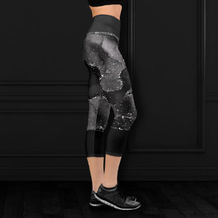 Moody Agate   Onyx Black Silver Vampy Goth Glitter Capri Leggings