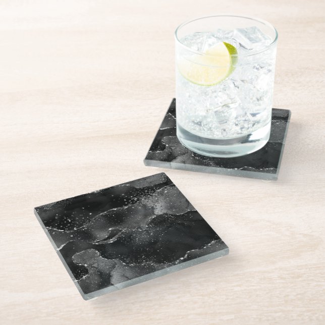 Moody Agate | Onyx Black Silver Vampy Goth Glitter Glass Coaster (Angled)