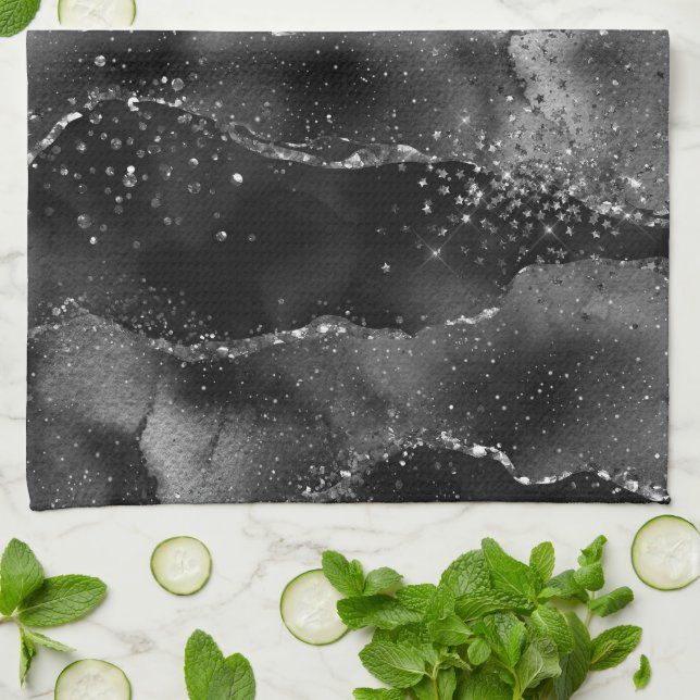 Moody Agate | Onyx Black Silver Vampy Goth Glitter Kitchen Towel (Folded)