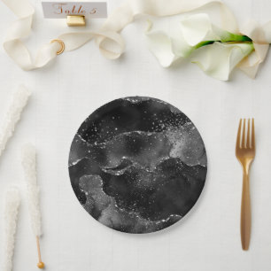 Moody Agate   Onyx Black Silver Vampy Goth Glitter Paper Plate