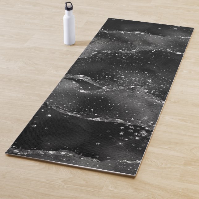 Moody Agate | Onyx Black Silver Vampy Goth Glitter Yoga Mat (In Situ)