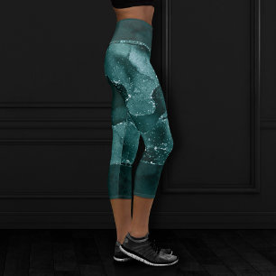 Moody Agate Teal Green Malachite Rich Jewel Tone Capri Leggings