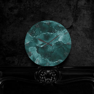 Moody Agate Teal Green Malachite Rich Jewel Tone Round Clock