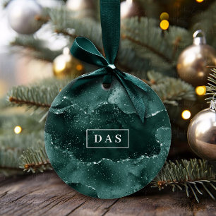 Moody Agate Teal Green Malachite Rich Monogram Ceramic Ornament