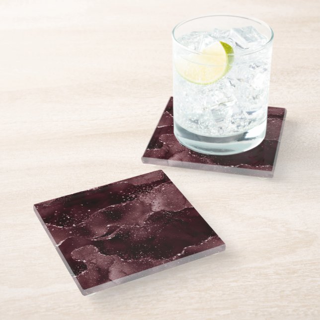 Moody Agate | Wine Bordeaux Sangria Merlot Maroon Glass Coaster (Angled)