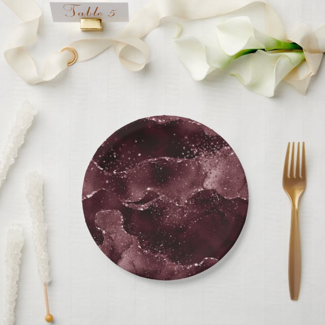Moody Agate | Wine Bordeaux Sangria Merlot Maroon Paper Plate (Wedding)