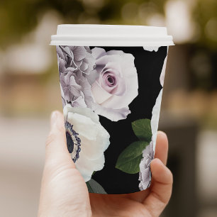 Moody Anemone & Purple Floral Black Bridal Shower Paper Cups