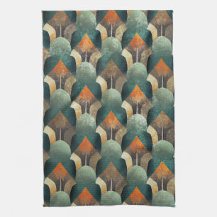 Moody Art Deco Teal & Charcoal Geometric Design Kitchen Towel
