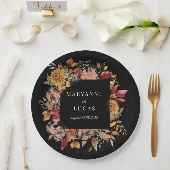Moody Autumn Floral Monogram Paper Plate (Wedding)