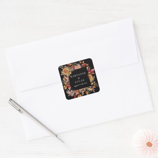 Moody Autumn Floral Monogram Square Sticker (Envelope)