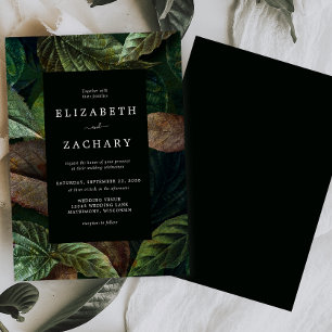 Moody Autumn Leaves Dark Green Wedding Invitation