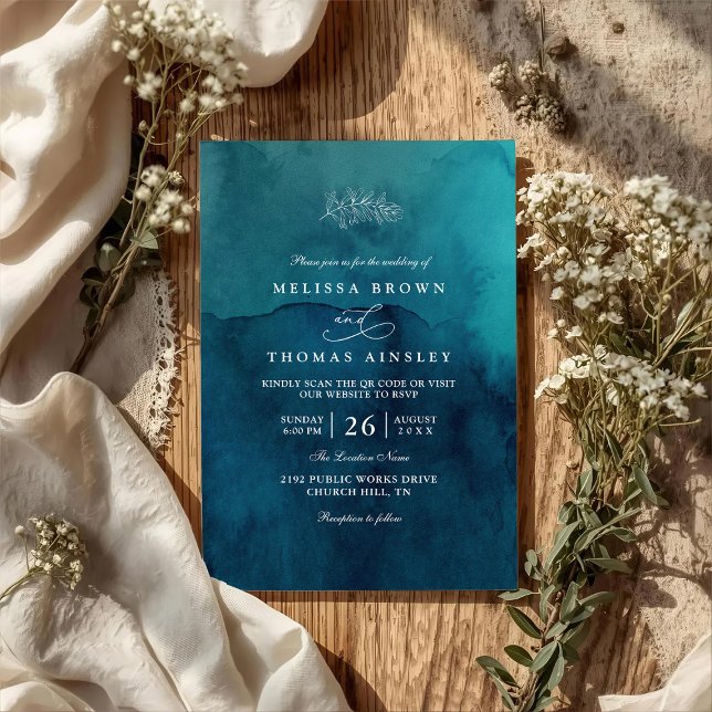 Moody Beach Ocean Watercolor QR Code Wedding Invitation (Creator Uploaded)