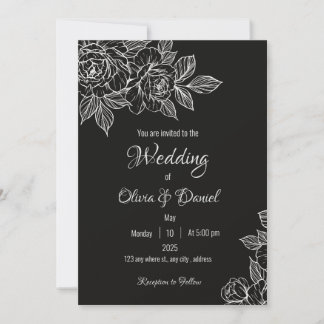 Moody Black and White Peony Sketch Wedding Invite