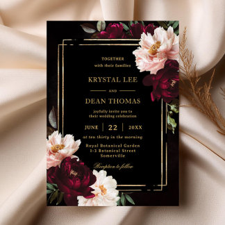Moody Black Burgundy Blush Floral Peonies Wedding Invitation