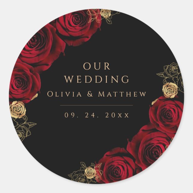 Moody Black Burgundy Roses Wedding  Classic Round Sticker (Front)