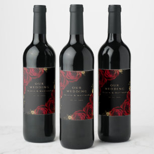 Moody Black Burgundy Roses Wedding  Wine Label