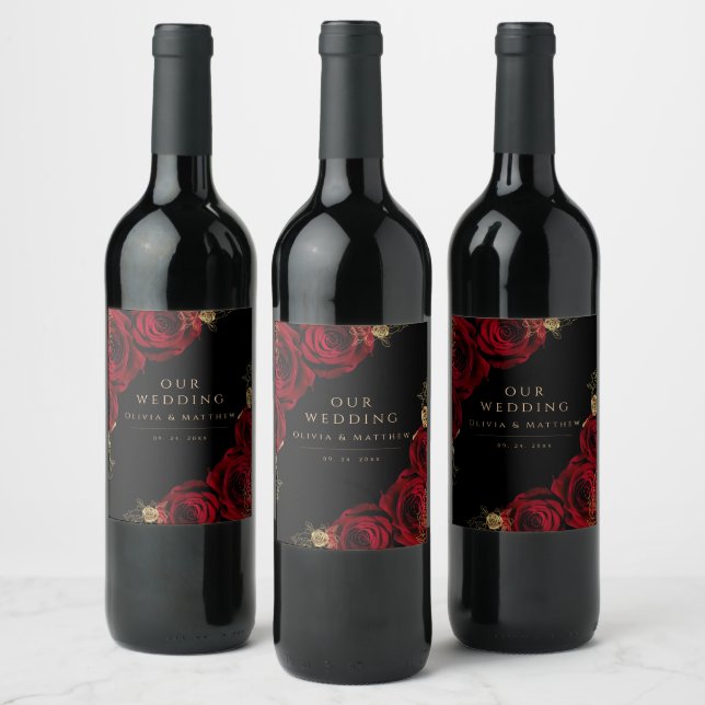 Moody Black Burgundy Roses Wedding  Wine Label (Bottles)