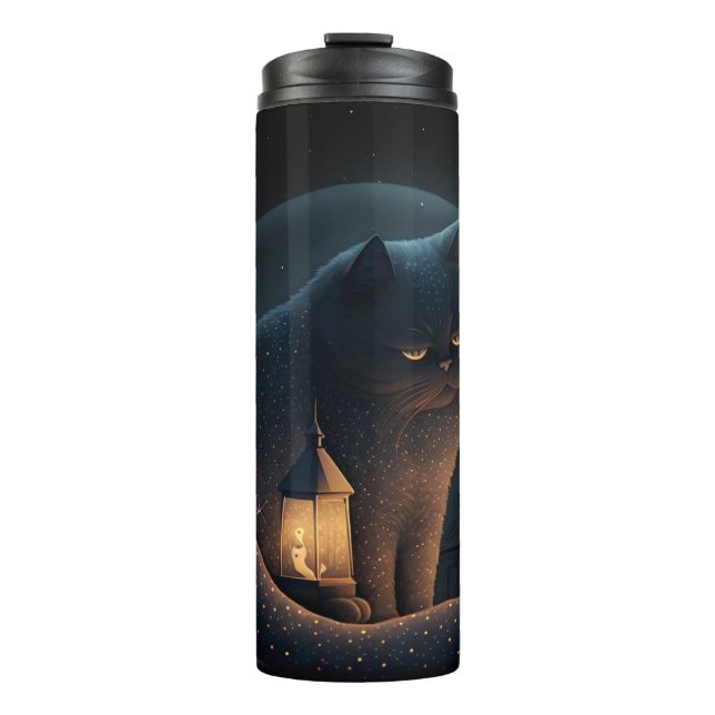 Moody Black Cat by House @ Night - Thermal Tumbler (Front)