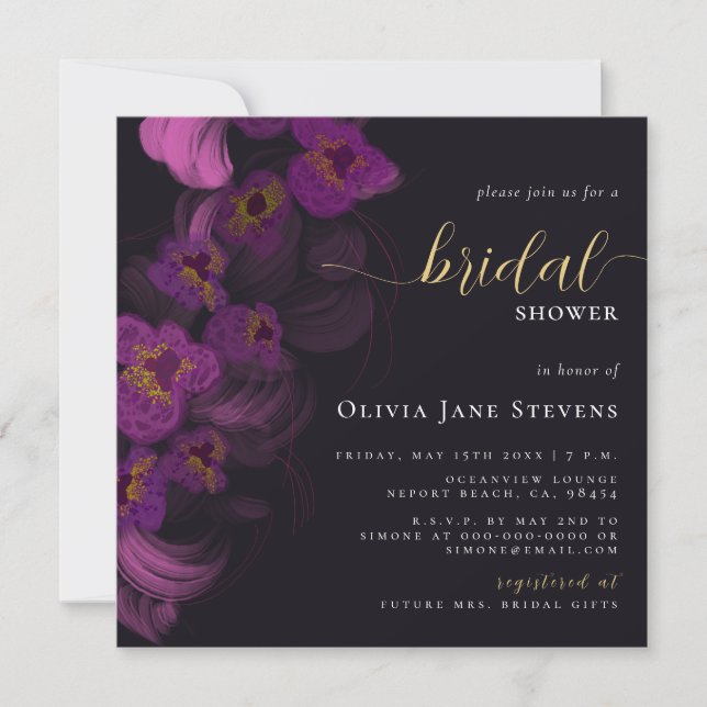 Moody Black Dark Purple Orchids Chic Bridal Shower Invitation (Front)