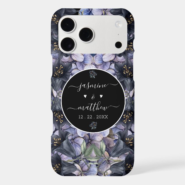 Moody Black Floral Classic Couple Names Wedding (Back)