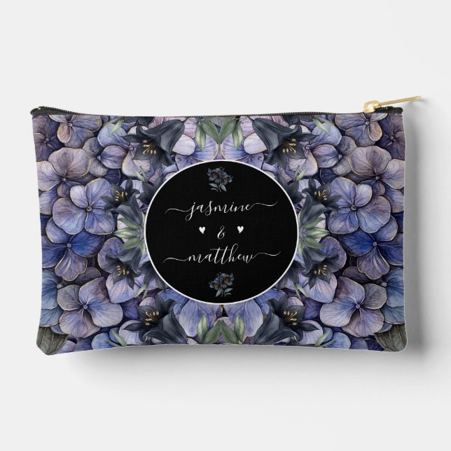 Moody Black Floral Classic Couple Names Wedding Accessory Pouch (Back)