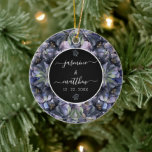Moody Black Floral Classic Couple Names Wedding Ceramic Ornament<br><div class="desc">A bold and sophisticated Wedding Ornament featuring dramatic dusty blue and grey floral illustrations against a stark black background. The crisp white typography and classic layout set an elegant,  moody tone. Perfect for a formal evening or a sophisticated wedding.</div>