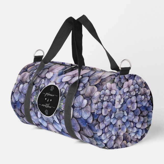 Moody Black Floral Classic Couple Names Wedding Duffle Bag (Left Corner)