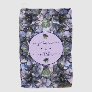 Moody Black Floral Classic Couple Names Wedding Golf Towel