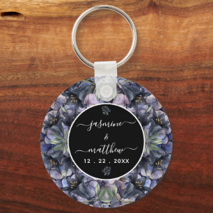 Moody Black Floral Classic Couple Names Wedding Keychain